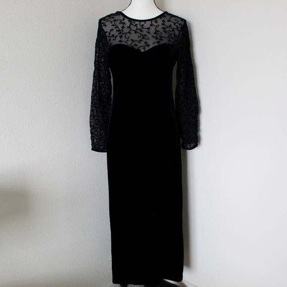 Vintage Dresses & Skirts - Vintage 90's Black Velvet & Sheer Mesh Gown